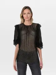 Black Silk Polkadot Sheer Blouse