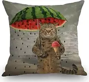 [Swono] Funny Animal Cat Throw Pillow Cover The Cute cat is Holding an Umbrella in one paw and Fruit ice Cream in Other Decorative Pillow Case Cotton Linen Cushion Cover Decor 18x18 Inch