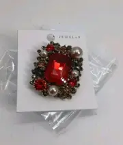 Red Geometric Brooch Pin Gold Plated Square Pearl Gems ( New)