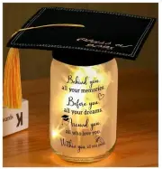 Mason Jar Light Night with Felt Grad Cap Grad Party Decoration 2025