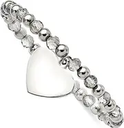 [JewelryWeb] Stainless Steel Polished Love Heart Dangle 6mm Grey Glass Beaded Stretch Bracelet-Stretch-Bracelet for Women