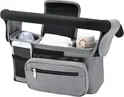 Baby Pram Bag, Baby Pushchair Organizer with Insulated Drink Cup Holder and Phone Storage, Universal Stroller Storage Bag with Adjustable Strap and Detachable Pocket (Gray)