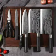 Laser Damascus Pattern Utility Kitchen Knives Scissors Sharpening Rod Set