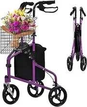 [ADVWIN] Rollator Walker 3 Wheel, Mobility Aid with Basket and Tray, Foldable Premium Rolling Walker with Safe Dual Brake System for Seniors Elderly, Purple
