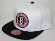Mitchell & Ness BROOKLYN NETS Snapback Hat WHITE Cap PINK LOGO BOTTOMS UP *6S