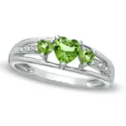 Heart-Shaped Peridot Three Stone and Natural Diamond Accent Ring in Sterling Silver
