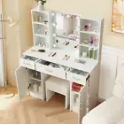 Makeup Dressing Table Vanity Desk Set With LED Mirror, Stool 3 Storage Drawers