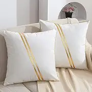 WACOMECO Pack of 2 Gold Throw Pillow Covers - Soft Decorative Luxury Velvet Cushion Covers Pillow Cases with Gold Leather for Sofa Bedroom Livingroom Car, 18 x 18 in, White