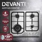 Devanti Gas Cooktop 60cm 4 Burner Stove Silver Cooker Iron Grates Steel Wok Knob