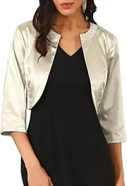 [WOMLAYOUT] Women's Satin Shrugs 3/4 Sleeve Open Front Elegant Cropped Bolero Cardigans
