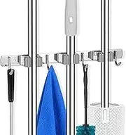 voze 3 Racks and 4 Hooks Mop and Broom Holder Wall Mount, Self Adhesive Heavy Duty Broom Organizer Storage Tool Racks for Kitchen Garden Laundry Garage
