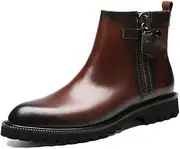 [Generic] Ankle Boot for Men Work Boot Round Toe Pull On StyleGenuine Leather Double Side Zipper Block Heel Burnished Colors Easy Care