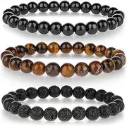 [Mabor] 3 Pcs Men Beaded Wrist Bracelet Set Elastic 8mm Bead Lava Rock Eye Mens Beaded Bracelets Jewelry Stretch Stone Black Crystal Round Bead for Men Women Gift, Medium, Stone