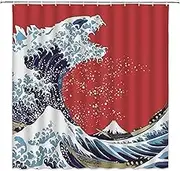 Hokusai Great Wave Shower Curtain, Japanese Great Wave of Kanagawa as Godzilla Ocean Boat Japan Mount Fuji for Boys Fabric Bathroom Decor Sets with 12 Hooks,71X71 Inchs,Red Blue