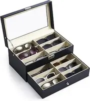 CO-Z Sunglasses Organizer for Women Men, Multiple Eyeglasses Eyewear Display Case, Leather Multi Sunglasses Jewelry Collection Holder with Drawer, Sunglass Glasses Storage Box with 12 Compartments