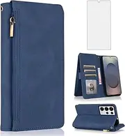[Asuwish] Mobile Phone Case for Samsung Galaxy S25 Ultra 5G Case with Strap Film Screen Protector Card Slot Foldable Leather Wallet Stand S25Ultra 25S S 25 25Ultra Mobile Phone Cases Protective Phone