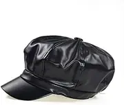 [CENZICOM] Women Newsboy Hats,8 Panel Ivy Beret PU Leather Cabbie Cap, Black