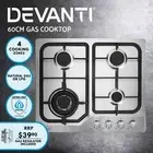 Devanti 60cm Gas Cooktop 4 Burners Stainless Steel Wok Burner LPG/NG Conversion