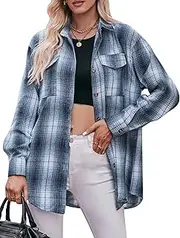[KEOYA] Women's Long Sleeve Plaid Shirts Lapel Collar Blouses Button Down Shacket Shirt Flannel Shackets with Side Pockets