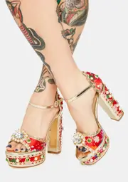 [AZALEA WANG] Red Cici Jeweled Platform Heels