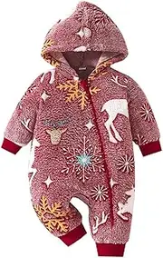 [Generic] Girls Fall and Winter Christmas Cute Warm Snowflake Pattern Long Sleeve Long Pants Hooded Leotard Girls Skirt (Red, 3-6 Months)