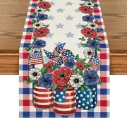 Buffalo Plaid Vases Flowers Patriotic 13" x 72", Table Runner Blue/Red