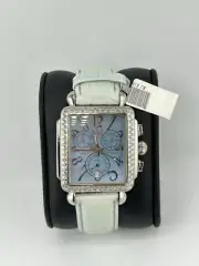 2ct Techno Com KC Ladies CZ Rectangular Steel Watch Baby Blue Dial $2k #145