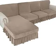 NAISI Couch Cushion Covers 3 Pieces with Skirt Individual Velvet Sofa Covers Washable Stretch Sectional Couch Covers L Shape for Both Left and Right Chaise Lounge(2 Seater+1 Chaise,Sand)