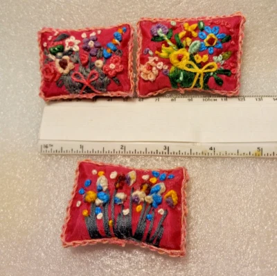 3 Hand Embroidered Toss Cushions /Pillows 1:6 Scale for Barbie. HOT PINK OOK