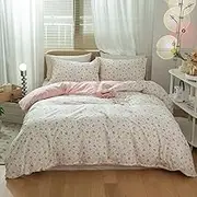 VM VOUGEMARKET Pink Grid Duvet Cover Twin with Strawberry Rainbow Pattern 100% Cotton Girls Cartoon Bedding Set Kawaii Japaneses Style Quilt Cover