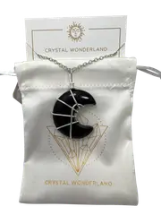 Black Obsidian Half Moon Shape Pendant Necklace Silver Healing Polished Tumbled