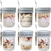 TOMVAES 6 Pack Overnight Oats Jar, Oatmeal Containers with Lids and Spoons, 10oz/350ml Glass Mason Airtight Jars with Measurement Marks for Cereal, Yogurt, Milk, Vegetable,Salad