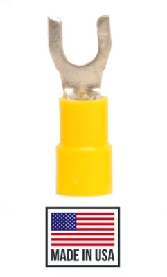 (100) 12-10 #8 Yellow VINYL FORK SPADE TERMINAL ELECTRICAL CONNECTOR Made in USA