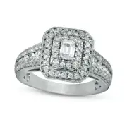 1.0 CT. T.W. Emerald-Cut Natural Diamond Double Frame Antique Vintage-Style Engagement Ring in Solid 14K White Gold