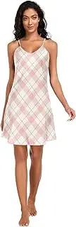 [FRODOTGV] Women's Satin Nigthtgown Comfy V Neck Full Slip Sleep Dress White Pink Buffalo Checks Soft Sleepwear for Women S