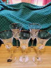 Set Of 5 MIKASA Jamestown Clear Crystal Platinum Rim Wine Glasses 9 1/8"
