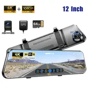 12"4K+1080P 2 Lens Mirror Dashcam WiFi6 GPS Streaming Media WDR 64GB Card