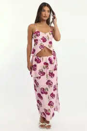 Pink Abstract Chiffon Maxi Skirt Lined - Size 16XL, Women's Maxi Skirt