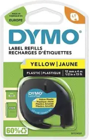 DYMO Authentic LT Plastic Labels 12mm x 4m Roll Black Print on Yellow Labels