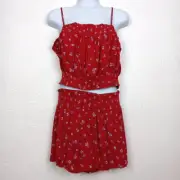 Pink Rose Outfit Large Red Floral Crop Top Shorts Elasticated Pull On Boho