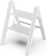 GameGem 2 Step Ladder, Aluminum Folding 2 Step Stool with Anti-Slip Sturdy and Wide Pedal, Lightweight Portable Stepladder for Home and Kitchen Use Space Saving, Cream White, 330 lbs