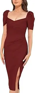 [Baosuu] Women's Midi Bodycon Dresses Sweetheart Neck Puff Sleeve Side Slit Ruched Tummy Control Wrap Dress Wedding Guest Dress