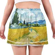 [RPLIFE] Wheat Field Blue Swirling Sky Women Boxers Shorts, Cute Shorts for Women with Pockets S-XXL