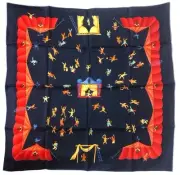 ya02 Bvlgari Large Scarf Silk 100 Marionette Bandana Navy 84Cm Used