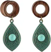 [Elledia] Wood Ear Plugs Tunnels with Dangle Leaf Shape Charm Turquoise Ear Stretcher Gauges Double Flared Tunnel Plug Earrings Body Piercing Jewelry (1 Pair)