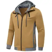 Men's Fleece Hooded Jacket Turtleneck Slim Fit Zipper Hoodies Outerwear Khaki S