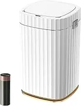 Smart Trash Bin with Lid for Kitchen, 15 Liter Square Automatic Garbage Can, Waterproof Plastic Rubbish Bin Motion Sensor Draw Rope Wastebasket for Living Room, Bathroom, Office, Gold (No Battery)