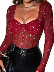 [Ｗoowayo] Glitter Tops For Women,Sequin Iridescent Sheer Long Sleeve Bodysuit,V Neck Mesh Corset Sexy Rave Outfits Festival Concert Club Valentines Plus Curvy Red Large
