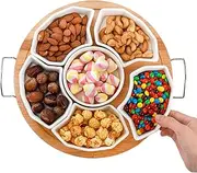 ZENFUN Serving Tray and Platter, 11'' Divided Dip Bowls with Bamboo Tray, 6-Compartment Removable Appetizer Snack Bowls, Round Sectional Serving Platter for Chips and Dip, Fruits, Condiment