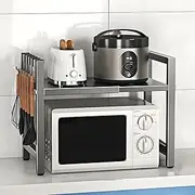 aichilra Expandable Microwave Rack, 2-Tier Over Microwave Shelf Kitchen Worktop Organiser Heavy Duty with 6 Hooks
